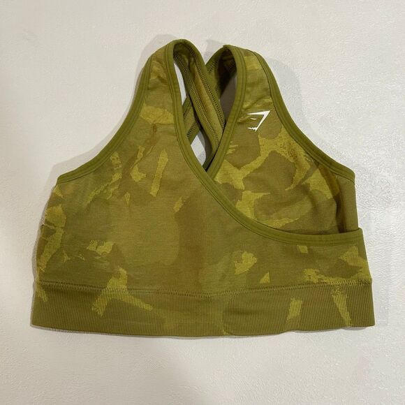 Gymshark Camo Seamless Sports Bra Olive Green Cross Back Size M - Picture 1 of 4